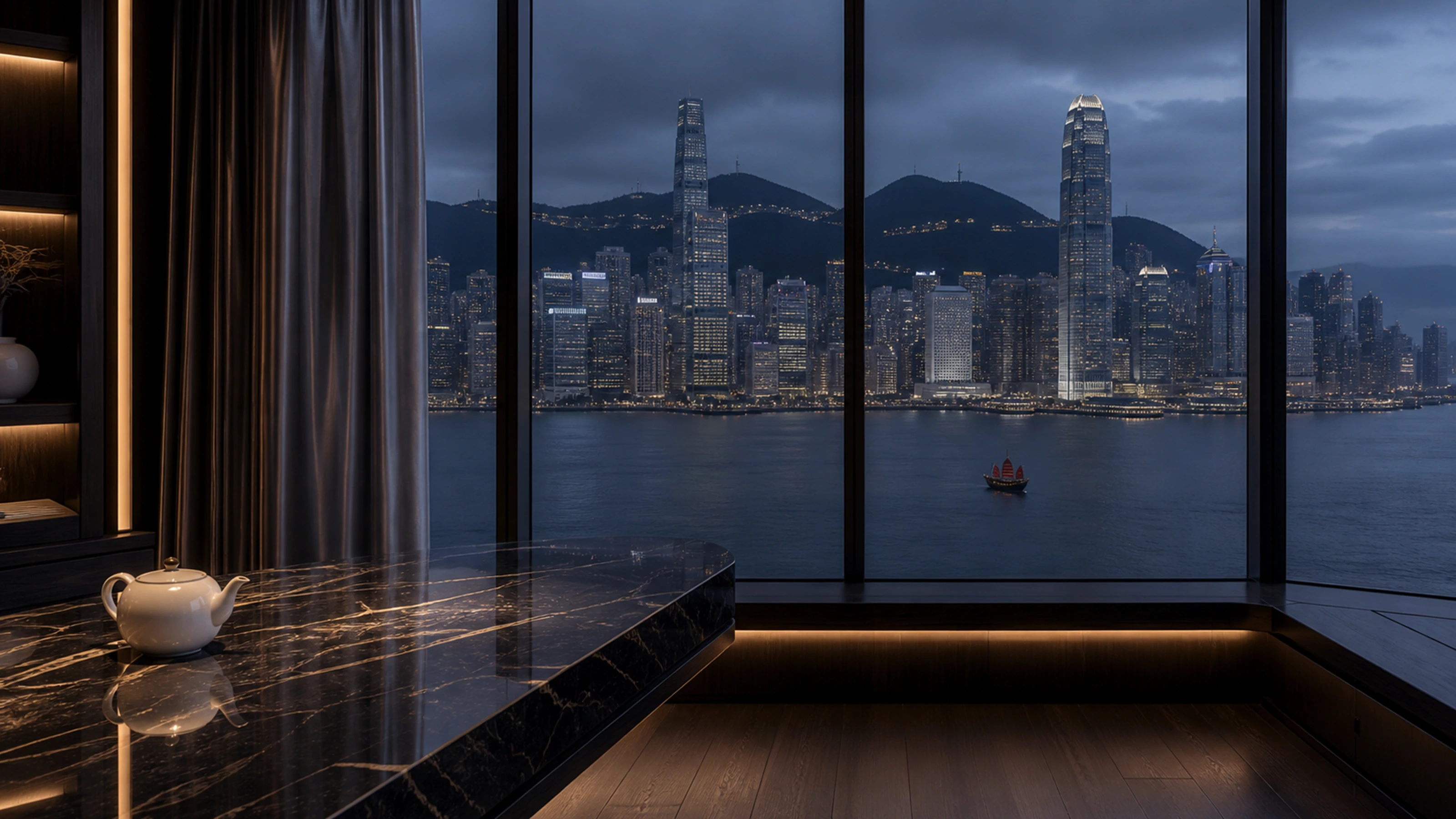 Blick aus einer dunklen Lounge mit Marmortisch über den Victoria Harbour auf die abendliche Skyline Hongkongs
