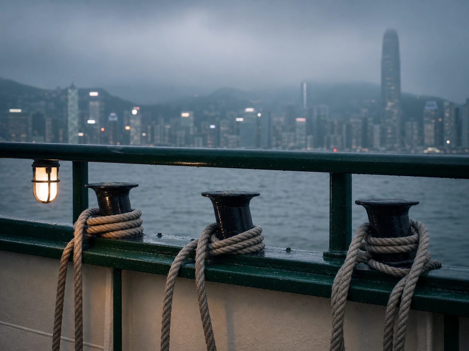 Grüne Reling der Star Ferry mit Tauen und Schiffslampe vor der Skyline Hongkongs im Dunst