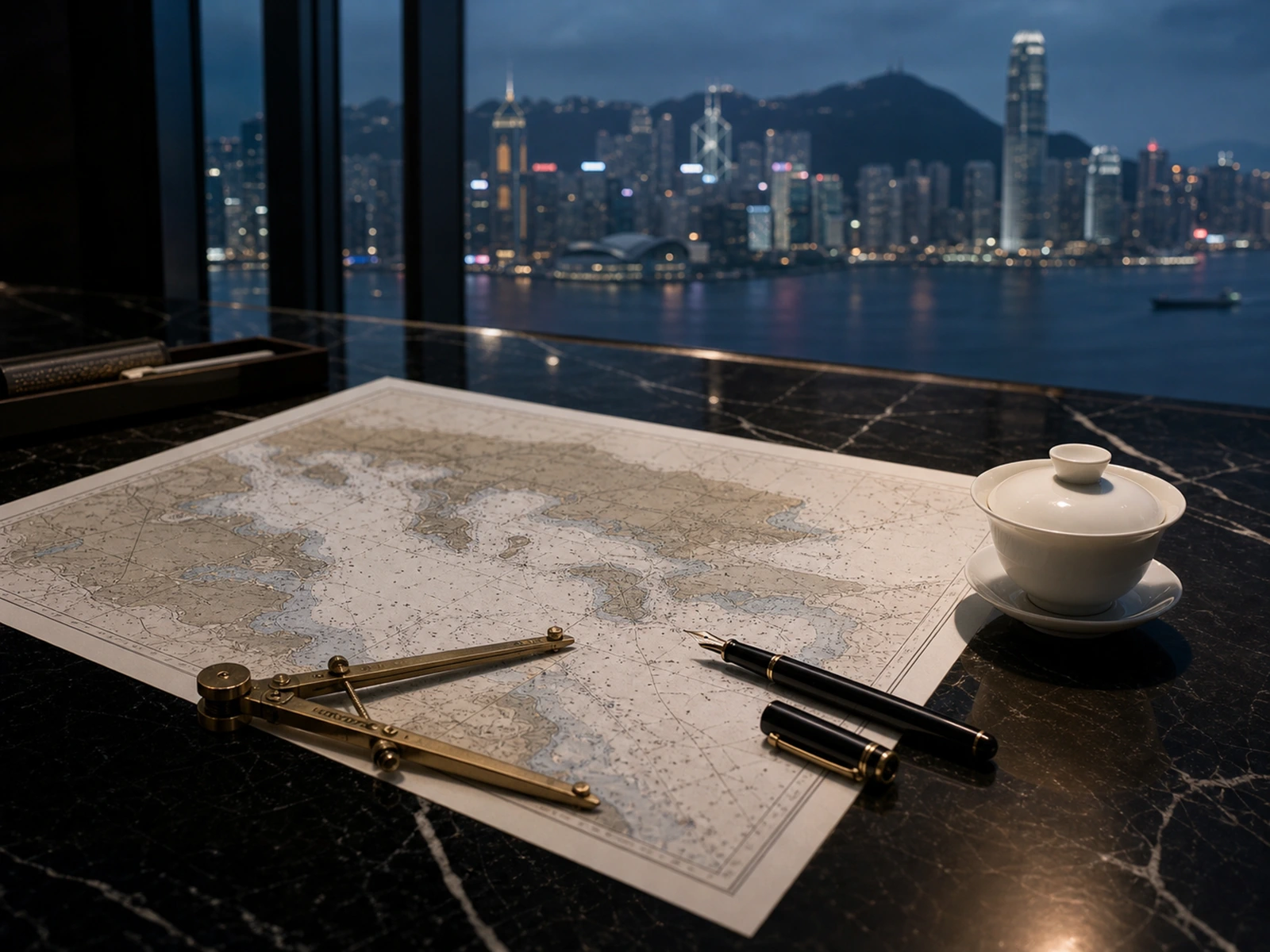Seekarte des Victoria Harbour mit Messingzirkel, Füllhalter und Teeschale vor der abendlichen Skyline Hongkongs