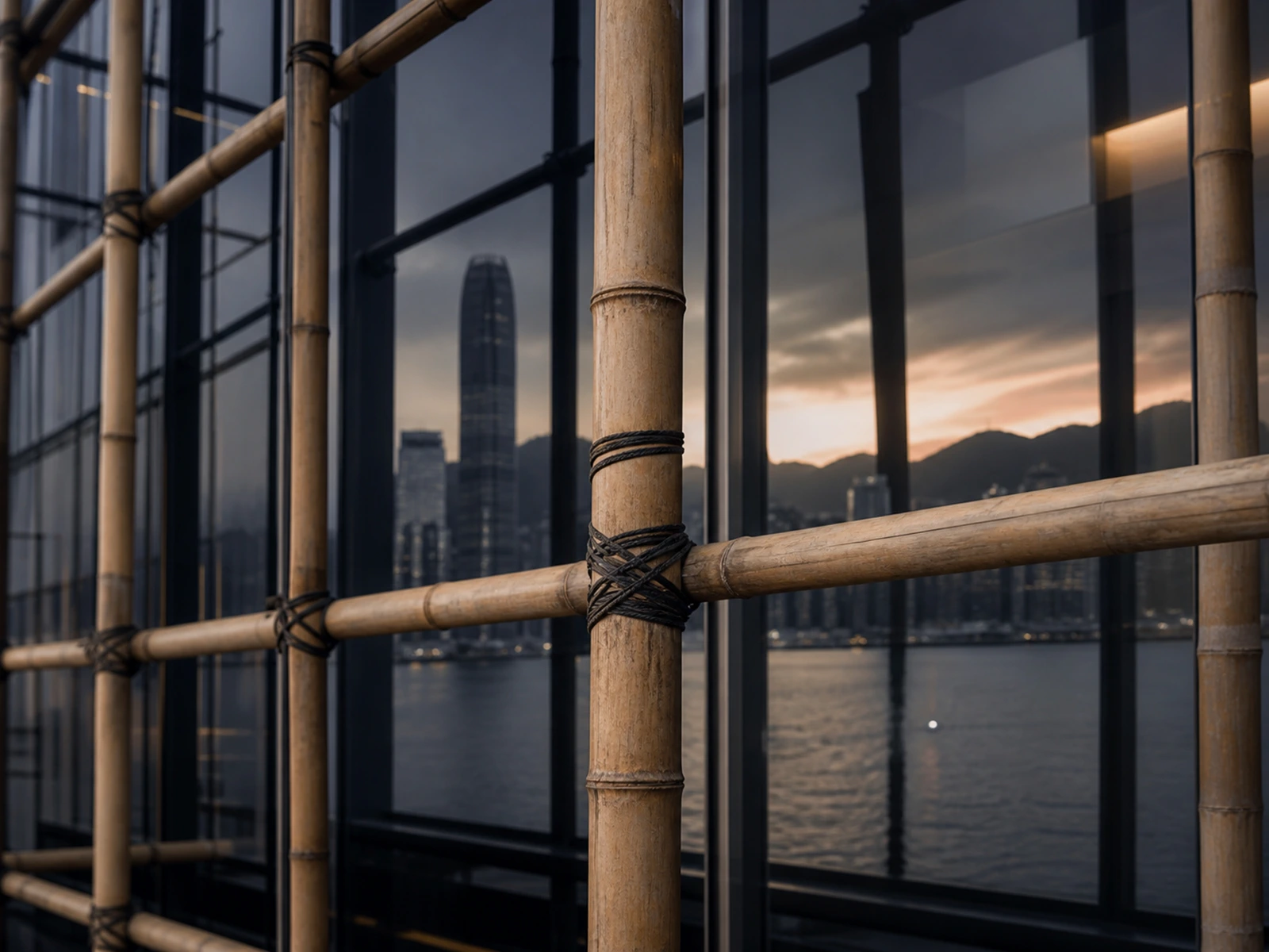 Bambusgerüst vor einer Glasfassade, in der sich Hafen und Berge Hongkongs spiegeln