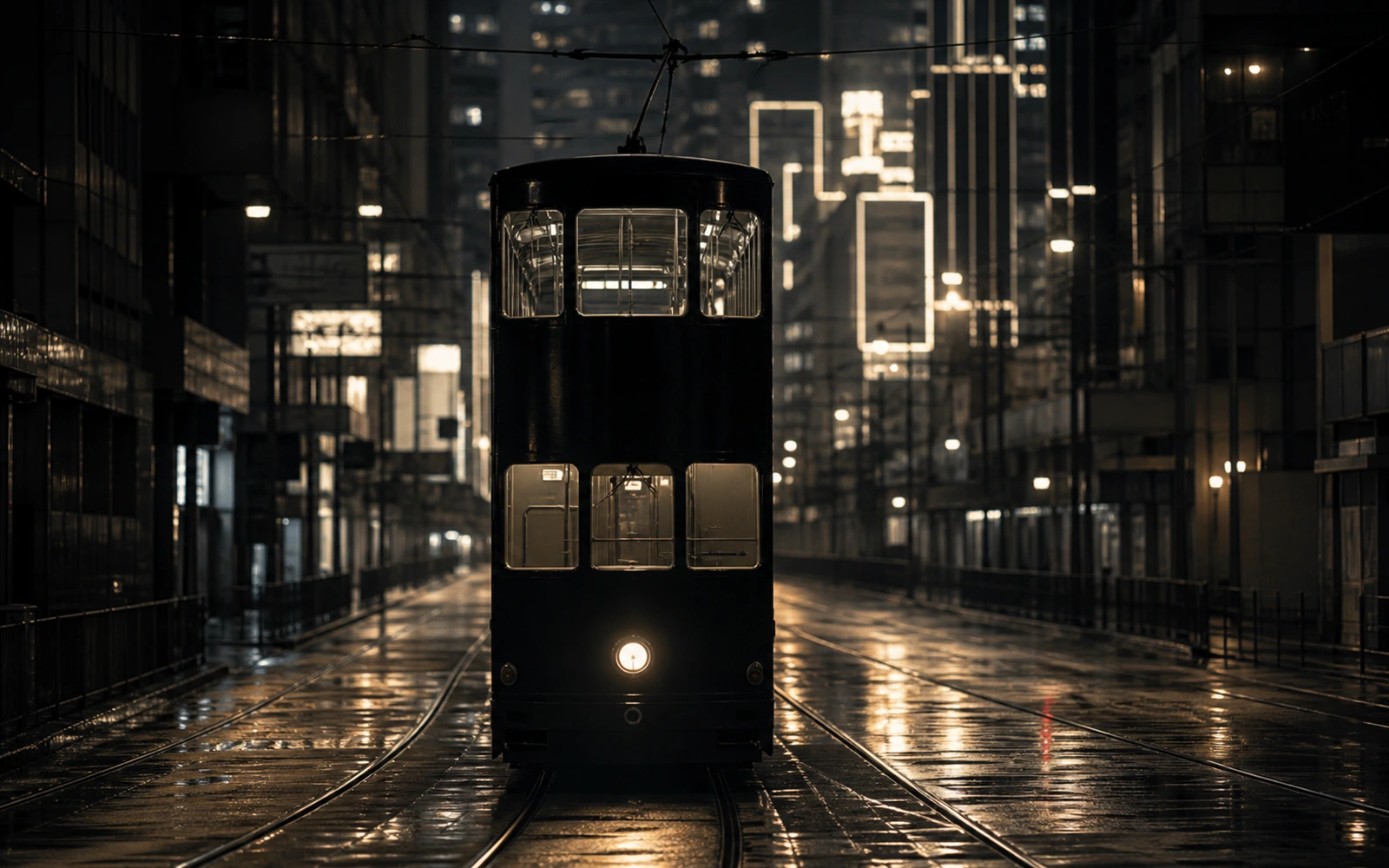 Doppeldecker-Tram in einer nächtlichen Straßenschlucht mit unscharfen Lichtreklamen