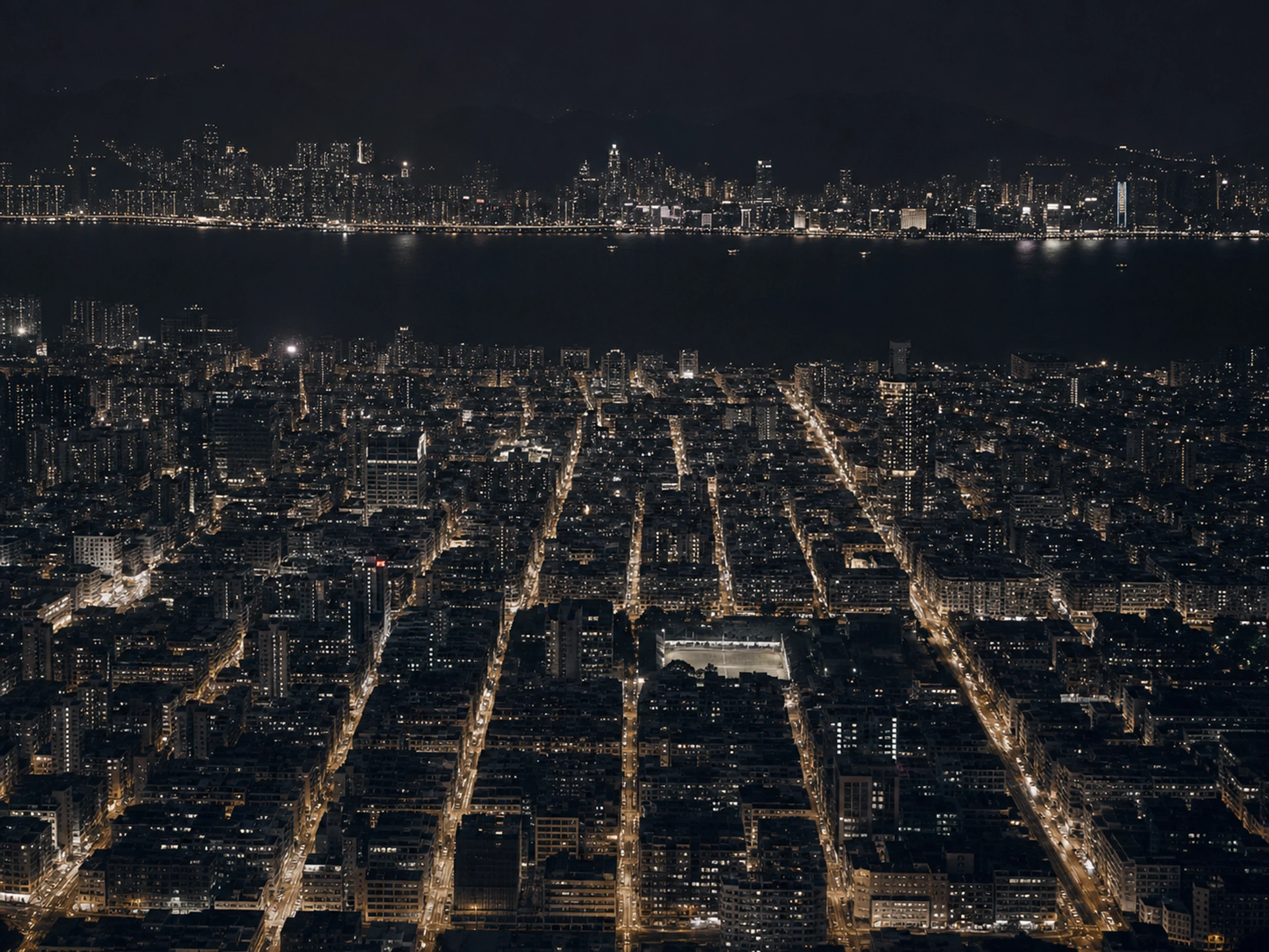 Kowloons leuchtendes Straßenraster bei Nacht, dahinter der Hafen und die Skyline von Hong Kong Island