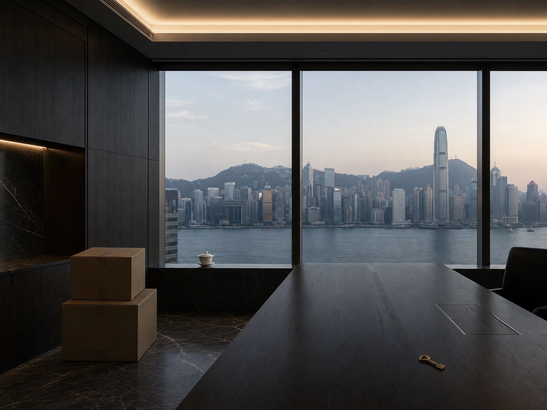 Leeres Büro mit dunklem Holz und Marmor, Umzugskartons und Blick über den Victoria Harbour