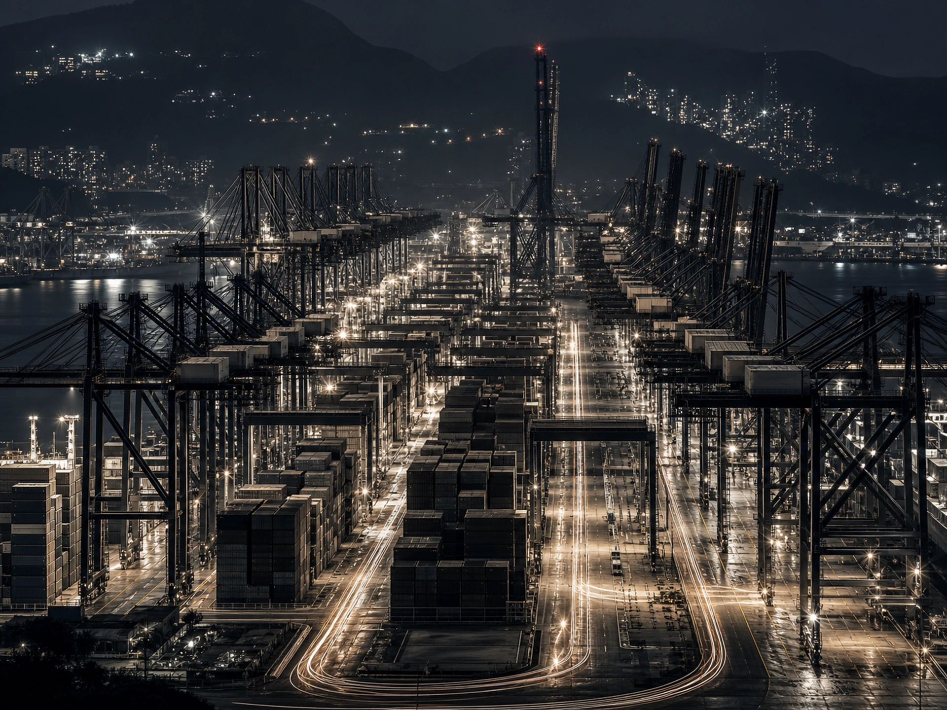 Containerterminal Kwai Tsing bei Nacht mit Kranreihen und Lichtspuren